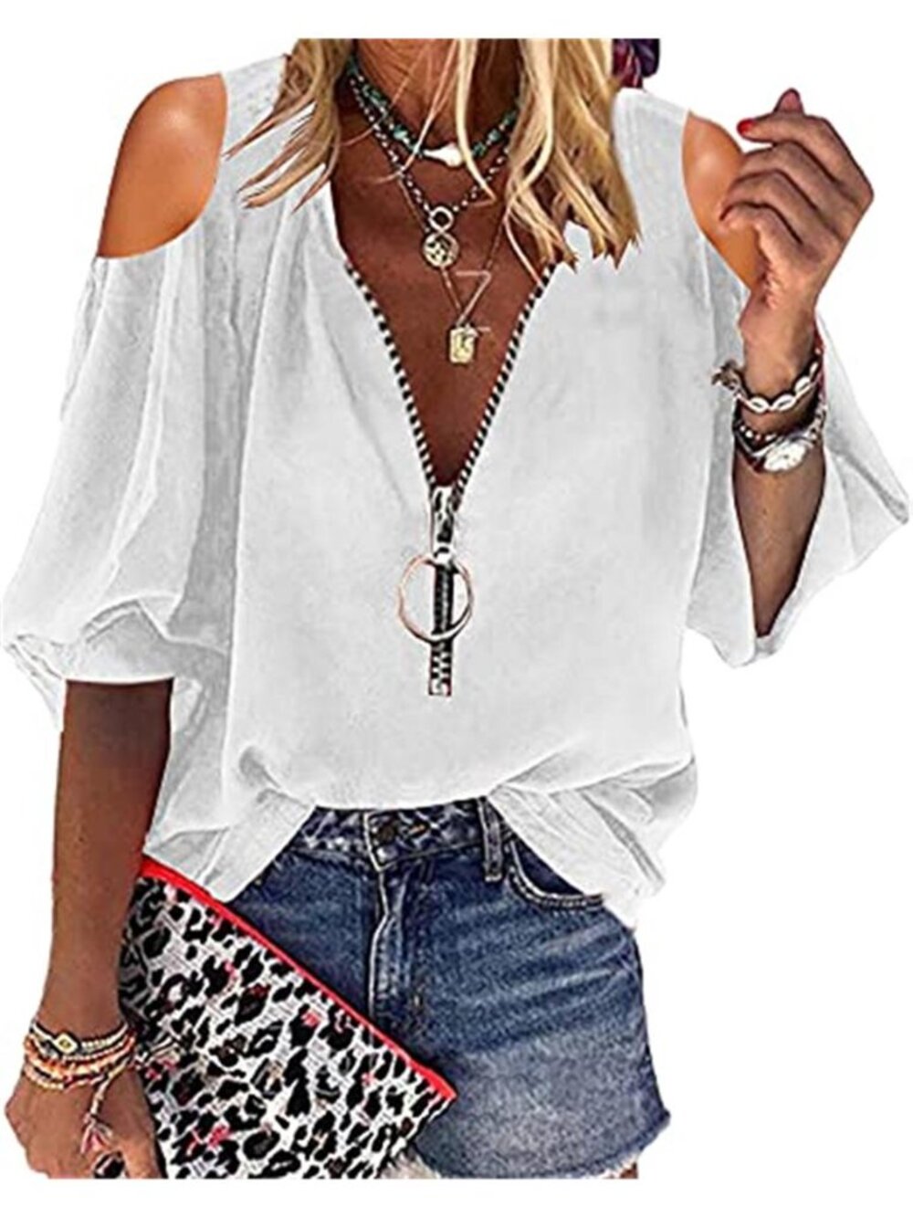 Womens White V-Neck Zipper Blouse Top